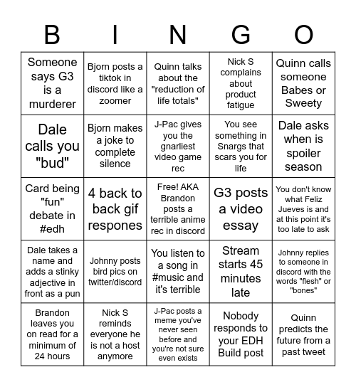 Weekly Lexicon Bingo Card