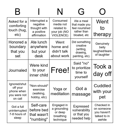 Self-Care Bingo Card