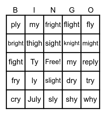 I spelled igh & Y Bingo Card