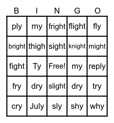 I spelled igh & Y Bingo Card