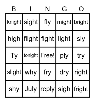 I spelled igh & Y Bingo Card