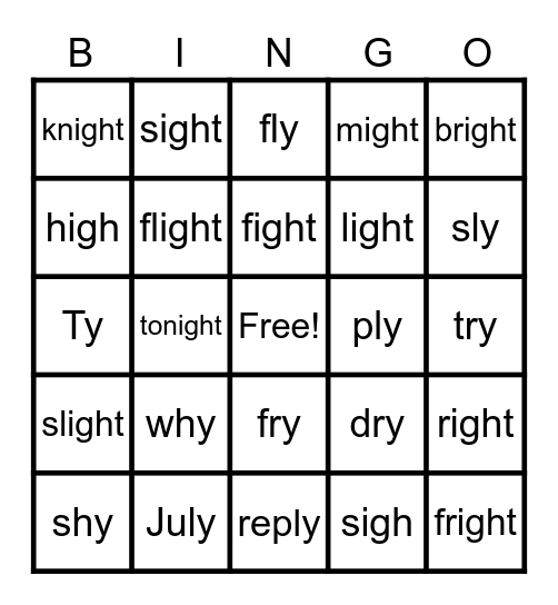 I spelled igh & Y Bingo Card