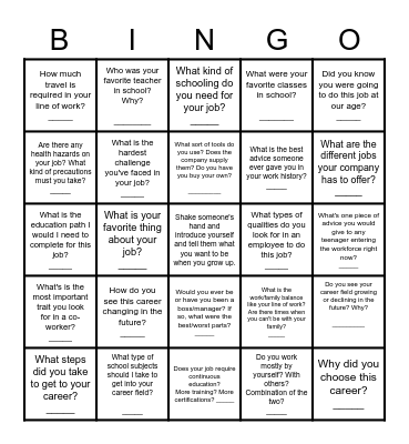Career Paths Human Bingo Card