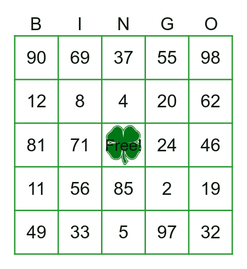St. Patrick's Theme Bingo Card