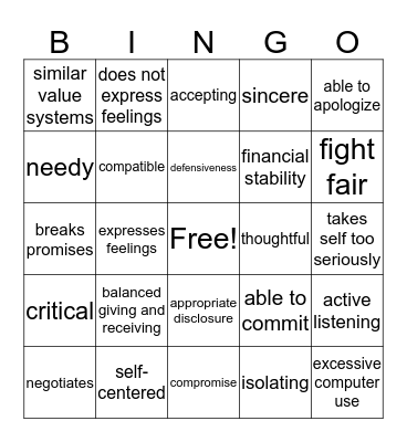 Healthy Relationships Bingo Card