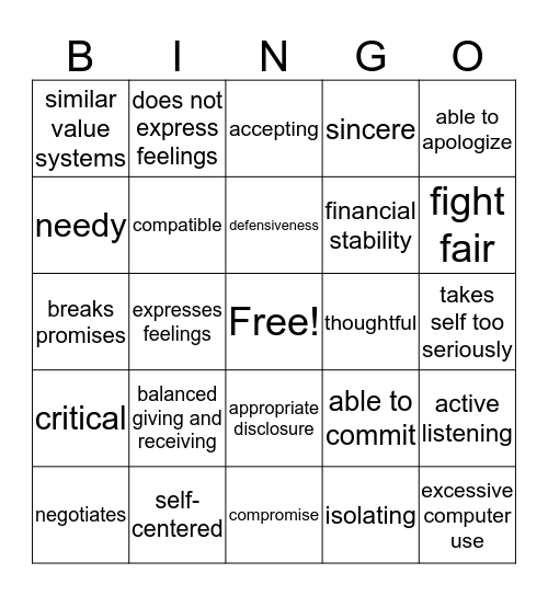 Healthy Relationships Bingo Card