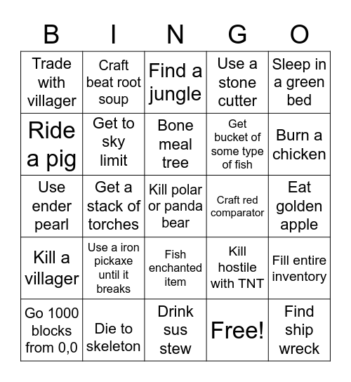 Minecraft Easy Bingo Card