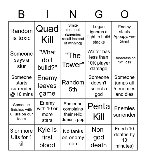 Smite Bingo Card