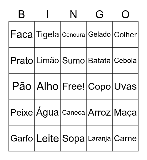 Comida / Bebida Bingo Card