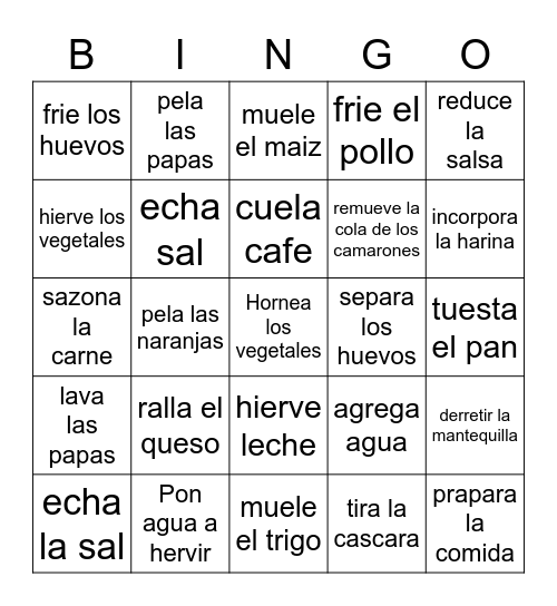 PREPARANDO LA COMIDA Bingo Card