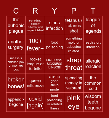 MALCRYPT SICKNESS BINGO Card