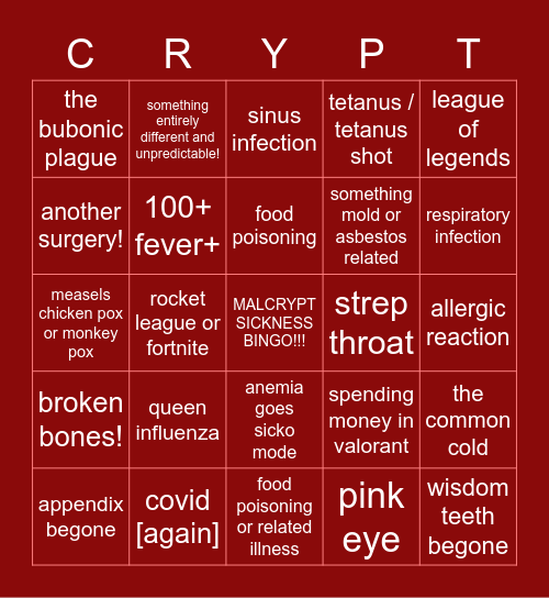 MALCRYPT SICKNESS BINGO Card