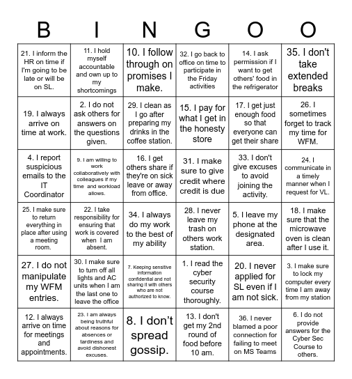 TIES BINGO Card