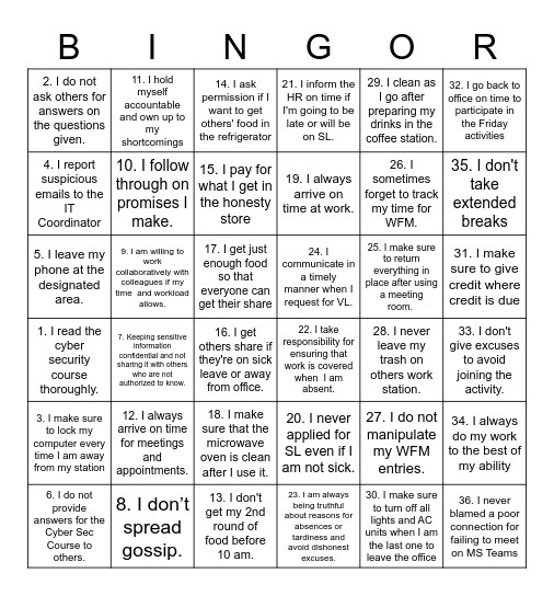 TIES BINGO Card