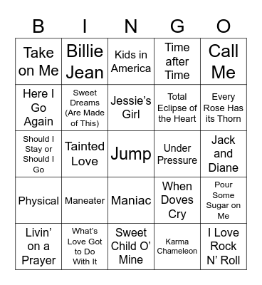 80s Music Bingo Card