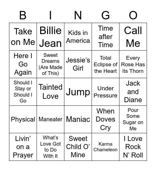 80s Music Bingo Card