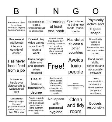 Respectable member of society bingo Card