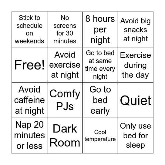 Good Sleep Habits Bingo Card