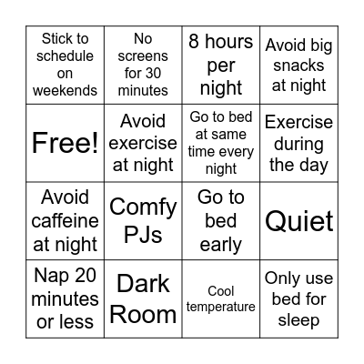 Good Sleep Habits Bingo Card