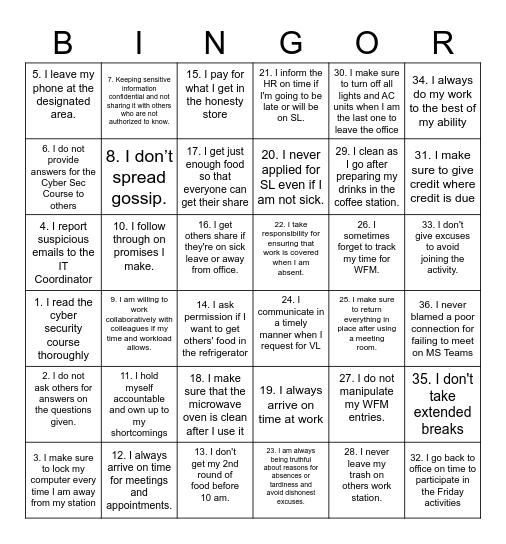 TIES BINGOR Bingo Card