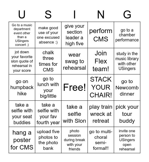 USingers Bingo Card