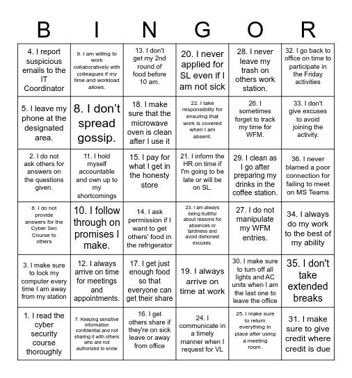 TIES BINGOR Bingo Card