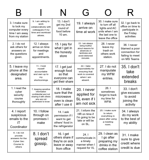 TIES BINGOR Bingo Card