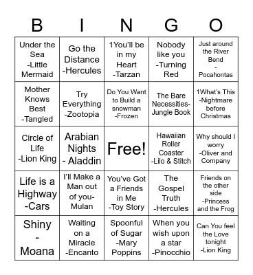 Disney Hits Bingo Card