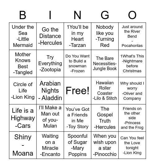 Disney Hits Bingo Card