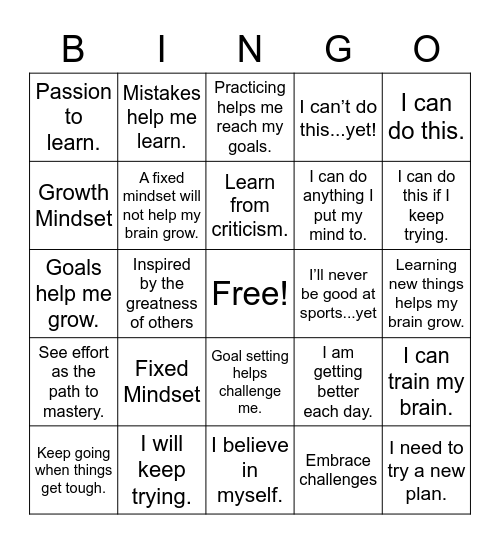 Growth Mindset Bingo Card
