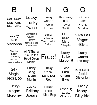 Lucky Songs Bingo Card