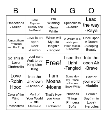 Disney Royalty Bingo Card