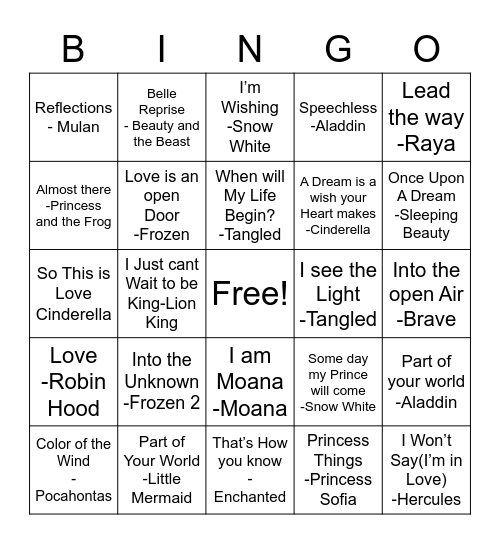 Disney Royalty Bingo Card