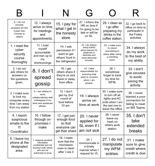 TIES BINGOR Bingo Card