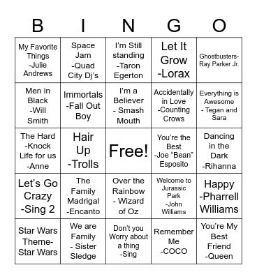 Family Film Songs Bingo Card