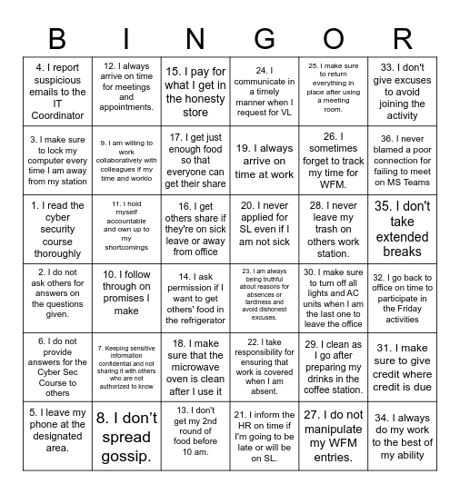 TIES BINGOR Bingo Card