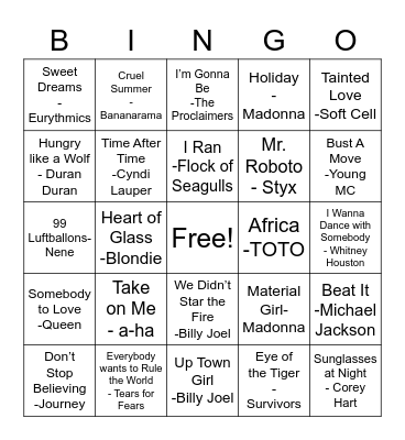 80’s  Songs Bingo Card