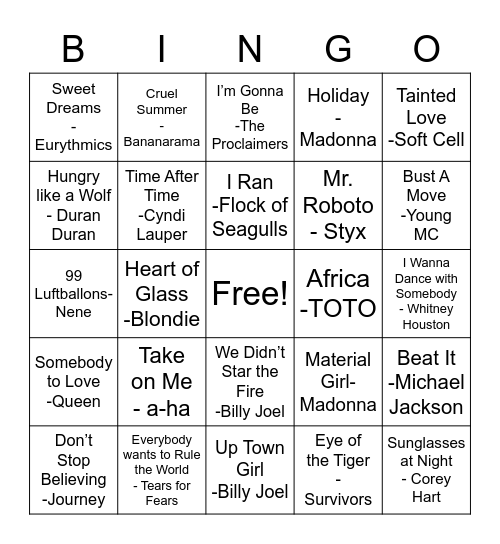 80’s  Songs Bingo Card