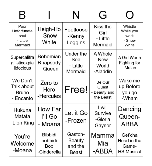 Sing-a-long Bingo Card