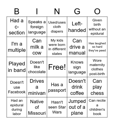 MOPS Mom Life Bingo Card