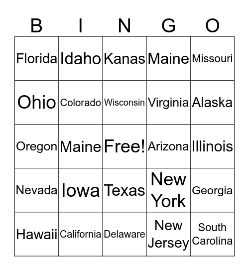 Dashing through the States Bingo Card