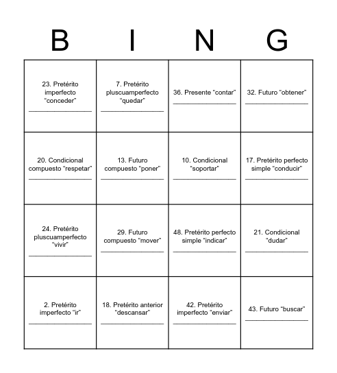 Bingo de verbos Bingo Card