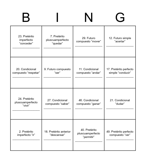 Bingo de verbos Bingo Card