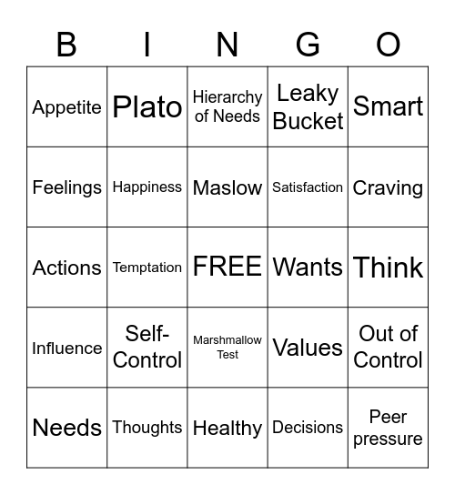 Self-Control Bingo Card