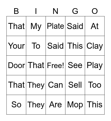 Sight Words Bingo Card