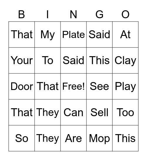 Sight Words Bingo Card
