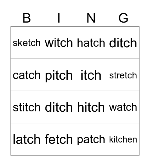 'tch' digraph bingo Card