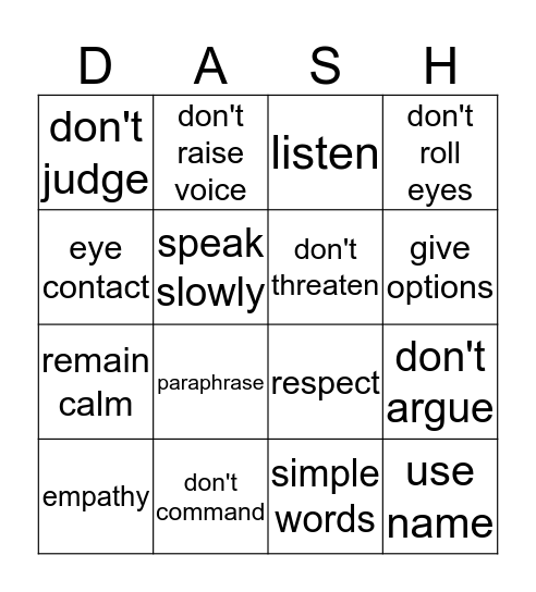 De-Escaltion  Bingo Card