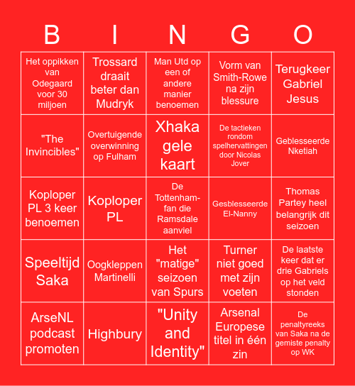 Arsenal - Sporting Bingo Card