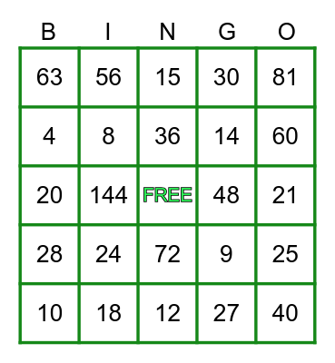 Multiplication Bingo Card